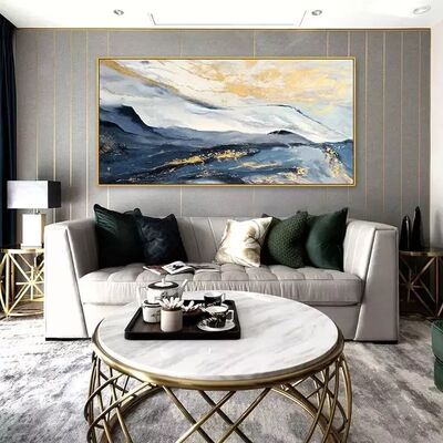 Modern Abstract Blue Gold Hand Painted Canvas Oil Landscape Painting with Customizable Size and Hand Applied Gold Leaf